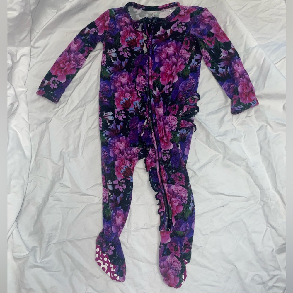 Bums & Roses 6-9 Month Ruffle Zip Up Footie with grippy feet